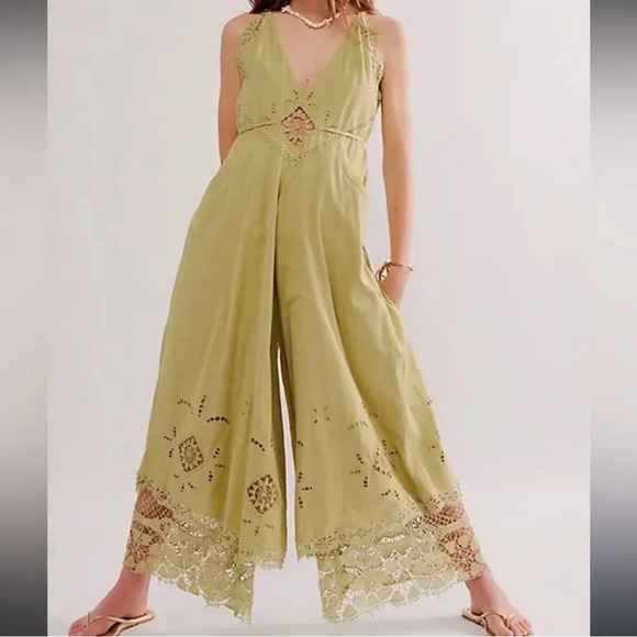 Free People Pants - Free People Always Yours Lace Cutwork
Jumpsuit in Dried Aloe, Sz 0 NWT (OvrSzd)